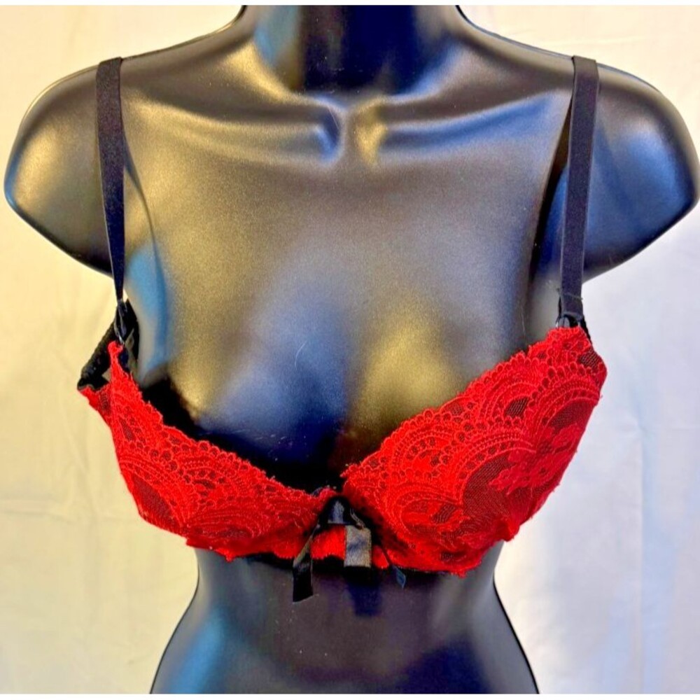 Red Black Sexy Padded Bra Aimer Fee C75 34C Lace Bows Lolita Hot Push Up